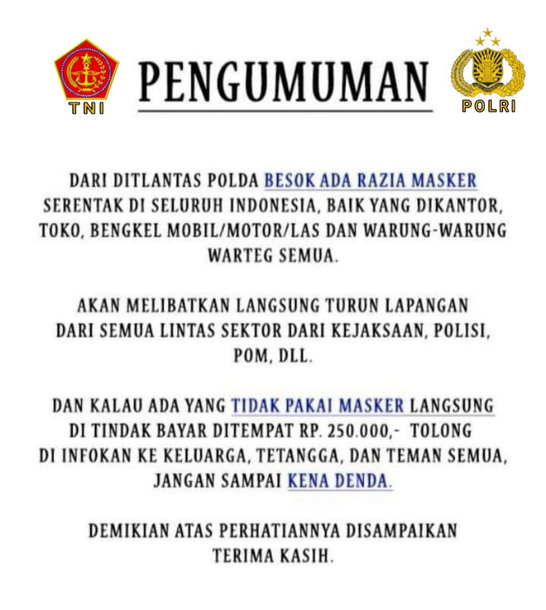 [HOAKS] Pengumuman Razia Masker Oleh TNI Polri Denda 250.000